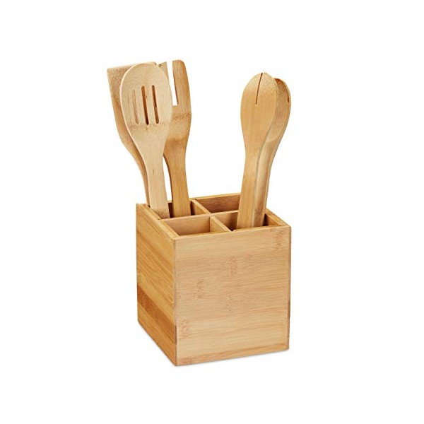 Relaxdays 10032107 Cutlery Stand 4 Compartments Bamboo Kitchen Utensil Holder for Cutlery Pens H x W x D 14.5 x 13.5 cm Natural
