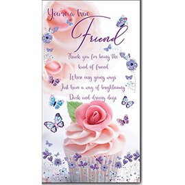 True Friend Thank You Greeting Card with Colour Insert & Lovely Verse - Cupcake Flowers and Butterflies - Loving Words by Cadigan Cards (ED7057)