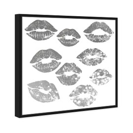 The Oliver Gal Artist Co. Fashion and Glam Framed Wall Art Canvas Prints 'Signs of Love Platinum' Lips Home Décor, 24" x 24", Gray, White