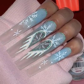 Christmas Press on Nails Long Coffin Winter Fake Nails Blue Full Cover White Gradient Snowflake False Nails with Designs Glossy Glue on Nails Acrylic Nails Manicure Artificial Nails for Women Girls