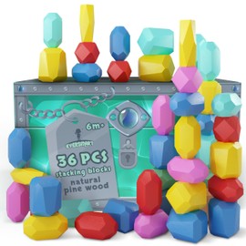 EVERSMART Wooden Stacking Blocks – Montessori Toys for 1 2 3 4 5 6 Year Old Toddlers and Kids, No Choking Hazard – Building Rocks Stones Games, Birthday Gifts for Girls and Boys