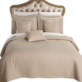 Royal Bedding California King Size Linen/Beige Coverlet 3pc Set, Luxury Microfiber Checkered Quilted