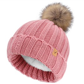 NEOLA Winter Hats for Women - Fleece Lined Beanie Hat Ladies Soft Warm Knit Bobble Hat with Detachable Chunky Faux Fur Pom Pom for Outdoor Sports Ski UK Pink