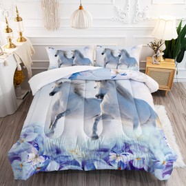XYNHML Kid Galloping Horse Comforter Set Floral Butterfly Horse Bedding Set for Boys Girls Adult, 1 Comforter + 2 Pillowcases