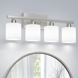 PARTPHONER Bathroom Light Fixtures, Bathroom Lighting Fixtures Over Mirror, Classic Vanity Lights, Modern Bathroom Vanity Light with Textured Frosted Opal White Glass Shades, Brushed Nickel, 4-Light