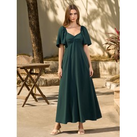 KUTUMAI Summer Maxi Dresses for Women 2025 V Neck Short Sleeve Bow Tie Flowy Long Formal Wedding Guest Dress with Pockets Blue XL