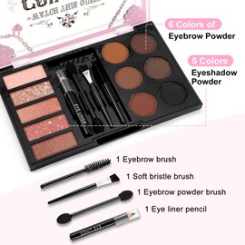 Boobeen Eyebrow Powder Palette Set, 6 Colors of Eye Brow Powder, 5 Colors of Shimmer Eyeshadow, 1 Eye Liner Pencil & 3 Eyebrow Brush to Define & Shape & Fill Brows, Create Naturally Looking Eye Makeup