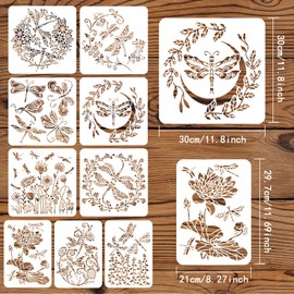 FINGERINSPIRE 9PCS Dragonfly Flower Stencils 2 Size Reusable Flower Wreath Stencils Flower Bush Lotus Vine Drawing Stencils DIY Art and Craft Stencil, Large Stencils for Painting on Wood Wall Fabric