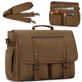 RAINSMORE Mens Messenger Bag 17-17.3 Inch Vintage Canvas Briefcase Water-resistant Large Computer Laptop Bag Rugged Satchel Shoulder Bag for Work Travel, Bookbag for College