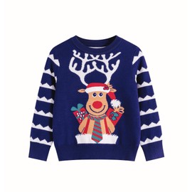 BABSUE Boys Girls Christmas Xmas Deer Jumper Round Neck Sweater Long Sleeve Sweatshirt Deep Blue Age 5-6 Years