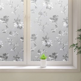 Window Privacy Film, Sun Blocking Removable Window Sticker, Decorative Glass Window Decals, Static Cling Window Vinyl No-Glue Window Film, Hibiscus Flowers (35.4 x 157.4 inch)