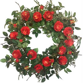 Spring Front Door Wreath 24 Inch Blossom Cabbage Rose Wreath Flame Red & Burgundy Flower Ivy Everyday Wreath on Grapevine Base Farmhouse for Festival Celebration Front Door Wall Window Hanging
