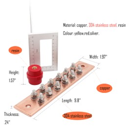 SCXCLY Wall Mounted Copper Ground Bar Kit, with 12 Terminal Positions,Copper Grounding Busbar Bar (.24"x 1.97"x 9.8") Kit