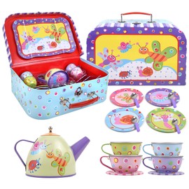 SOKA Little Bugs Metal Tin Teapot Set with Carry Case Toy for Kids - 18 Pcs Illustrated Colourful Design Toy Tea Party Set for Boys and Girls Pretend Role Play
