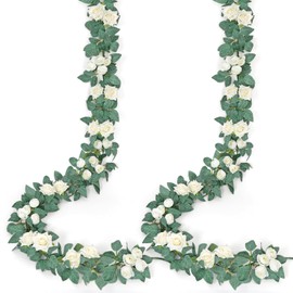 KHOYIME Artificial Flower Garland 2 Pack Fake White Roses Vines, Faux Silk Hanging Flowers Garlands Outdoor Floral Greenery Ivy Wall Decoration for Wedding Arch Table Bedroom Home Room Backdrop Decor