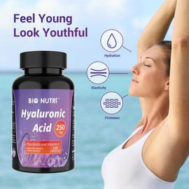 BIO NUTRI Hyaluronic Acid Supplements 250mg, 240 Capsules with Vitamin C & Biotin for Skin, Joint, Hair, Nail and Eye Health - Edible Healthcare Fitness Dietary Healthy