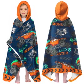 Engineering Vehicle Boys Beach Towel with Hoodie for Kids Toddlers Age 4-8,Car Blue Bath Towels Shower Wrap for Boys, Hooded Poncho Beach Blanket for Pool Swimming Cute Wearable Bath Towel for Child