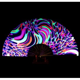Amajiji UV Glow Rave Folding Hand Fan for Festivals/DragQueen/Burlesque, Large Clack Festival Hand Fan Rave Accessories for WomenWomen/Men (Psychedelic Neon)