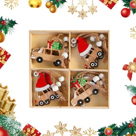 CutitiUU 12 PCS Christmas Wooden Pendant,Car/Elderly Snowman/Gnome Old Man,Christmas Tree Decorations with Bead Twine,Rustic Christmas Hanging Decoration (Car model)