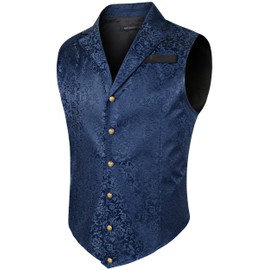 HISDERN Vests for Men Blue Victorian Men's Suit Vest Paisley Steampunk Gothic Men Vest Formal Waistcoat Vest for Suit Tuxedo V-Ncek Party Wedding
