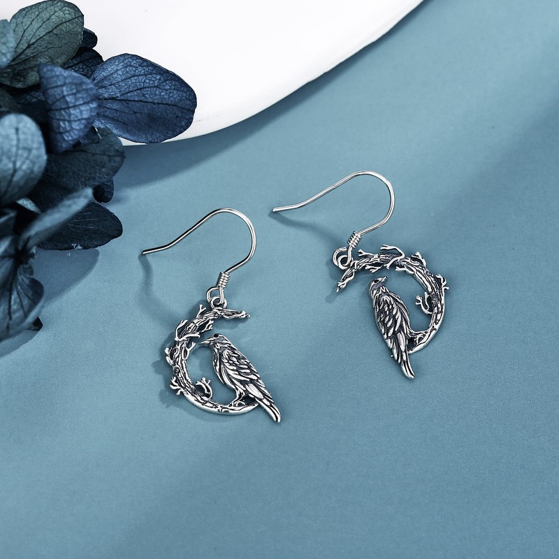 Raven Earrings 925 Sterling Silver Moon Crow Earrings Gothic Jewellery