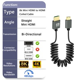 GELRHONR 8K Mini HDMI to HDMI Coiled Cable, Ultra Thin Mini HDMI Cable 2.1 Version High Speed 48Gbps, Support 8K@60Hz 3D,for DSLR Camera Camcorder, HDTV, Laptop (Straight)