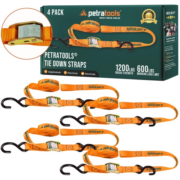 PetraTools Heavy-Duty Tie Down Straps - 4-Pack 8ft Cambuckle Straps for Secure Cargo - Quick Release Buckles, 600lb Working Load, Rubber-Coated S-Hooks, Perfect for DIY, Truck and Outdoor Enthusiast