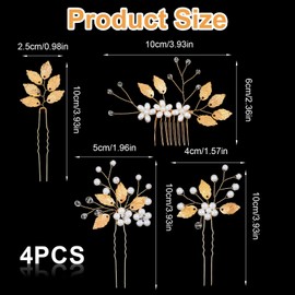 4 PCS Bridal Wedding Hair Pins, Bridal Side Comb, Gold Leaf Crystal Pearl Hair Pins Clips, Vintage Wedding Hairs Accessories for Brides Bridesmaids Women Girls Updo