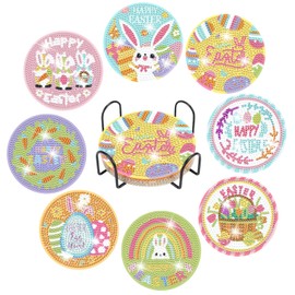 Pack of 8 Diamond Painting Coasters with Holder, Diamond Painting Adults, Reusable DIY Easter Cup Coasters with Diamonds and Mounting Tools for Cups, Vases Decoration