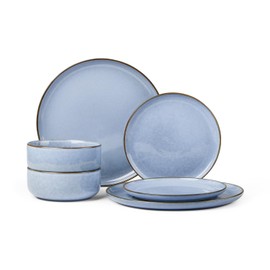 Herogo 6-Piece Stoneware Dinnerware Set for 2, Stackable Dinner Plates and Bowls Sets, Double Reactive Glaze Dishware Place Setting for Kitchen, Scratch Resistant, Microwave Safe, Haze Blue