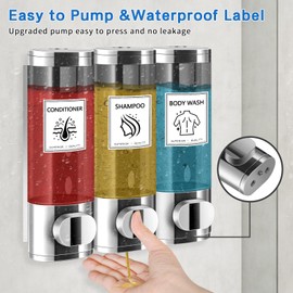 Volufia Shower Dispenser 3 Chamber No Drill, Shampoo Dispenser for Shower Wall, Shampoo and Conditioner Dispenser, Shower Soap Dispenser Bathroom 3x300ML, Silver