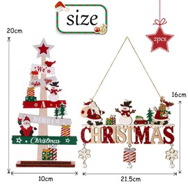 2 PCS Wooden Christmas Decorations and Merry Christmas Sign Set, Christmas Hanging Decorations Include Wooden Christmas Plaque Sign and Wooden Tree Decorations for Indoor Outdoor Christmas Decor