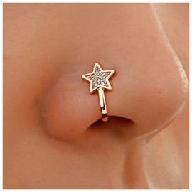 Cybche Boho Crystal Star Nose Ring Gold CZ Star Fake Nose Ring Rhinestone Star Fake Septum Nose Ring Non Pierced Nose Ring U Shaped Clip on Nose Stud Nose Rings Hoop Jewelry for Women