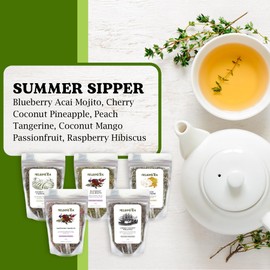 Nelson's Tea Summer Sipper - Summer Tea Sampler - Blueberry Acai Mojito, Cherry Coconut Pineapple, Peach Tangerine, Coconut Mango Passionfruit, Raspberry Hibiscus Loose Leaf Tea (2 oz)