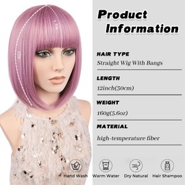 MAYSA Purple Bob Wig With Bangs Short Straight Bob Bangs Wig, 12Inch Heat Resistant Synthetic Hair, Natural Looking For Daily Party Use #Purple Pink