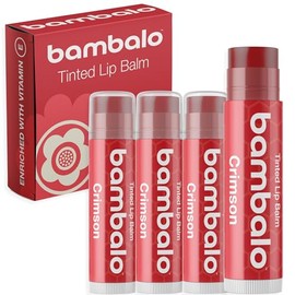 Paquete de 4 bálsamos labiales con color carmesí ingredientes naturales y orgánicos, hidratantes y humectantes, fabricados en EE. UU.                 