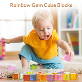 Woodtoe Woodtoe Wooden Building Blocks Set for Kids, 36 PCS Rainbow Acrylic Gem Cubes Blocks - 3 Wood House, Montessori Stacking Toy for Toddlers, Educational STEM Easter Toys for Boys Girls 3-6