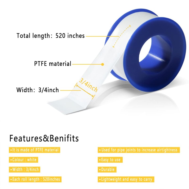 VOTMELL 4 Rolls 3/4 Inch(W) X 520 Inches(L) Teflon Tape,for