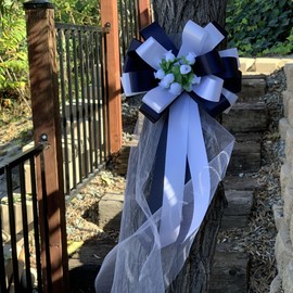 Navy Blue and White Wedding Pull Bows with Tulle Tails and Rosebuds - 8" Wide, Set of 6, Wedding Pew Bows, Aisle Decoration. Reception, Anniversary