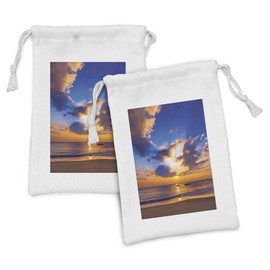 Lunarable Coastal Fabric Pouch Set of 2, Colorful Sunset Reflection over Ocean in the Evening Horizon Romantic Scene Image, Small Drawstring Bag for Toiletries Masks and Favors, 9" x 6", Orange Blue