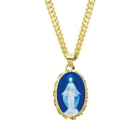 Women's 16kt Plated Sterling Silver Dark Blue Miraculous Mary Cameo Pendant Medal Necklace 18" Gold Plated Stainless Steel Chain Double Sided Capodimonte Porcelain, Made in Italy, Deluxe Velvet Gift Box
