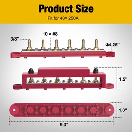 EOBJATU Bus Bar 6 x 3/8" Power Distribution Block 48V 250A 10 x #8 Screws, Battery Busbar Terminal Block for Automotive RV, Solar Wiring and Boat