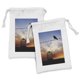 Lunarable Barbed Wire Fabric Pouch Set of 2, Escaped Bird on Barbed Wire Birdcage Sparrow Freedom Meadow at Sunset, Small Drawstring Bag for Toiletries Masks and Favors, 9" x 6", Blue Black Orange