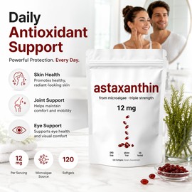 Astaxanthin 12mg Softgels for Daily Wellness – Microalgae Antioxidant Support with MCT Oil
