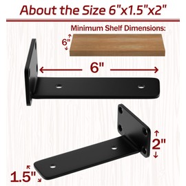 6 Inch Shelf Brackets, 12 Pack Floating Shelf Bracket, 1/5” Thick Carbon Steel Hidden Shelf Brackets, Rustic Industrial Brackets for Wall Decor