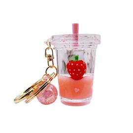 Rertnocnf Cute Kawaii Floating Strawberry Fruits Milk Tea Cup Design Backpack Key Pendant Kids Girls Women Handbag Wallet Clear Acrylic Glitter Liquid Keychain 5 x 3 x 3.7 cm