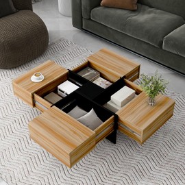 LUMISOL Square Coffee Table with Extendable Sliding Tabletop, Cocktail Table with 4 Hidden Storage Compartments, UV High-Gloss Center Table for Living Room, Brown