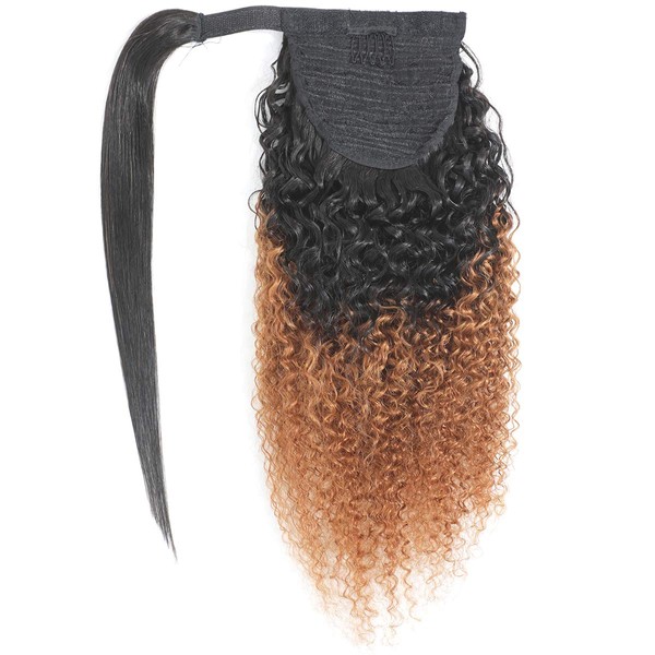 Feelgrace 20" Long Ponytail Kinky Curly Human Hairpiece, Ombre 2 Tone 1B/30 Kinky Curly Clip in Ponytail Extension, Wrap Around 3C Remy Hair Clip in Curly Hair Extension