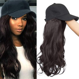 Hat With Hair Attached 16inch Wigs Attached Baseball Cap Curly Brown Hairpiece Black Hat Hair Extensions Synthetic