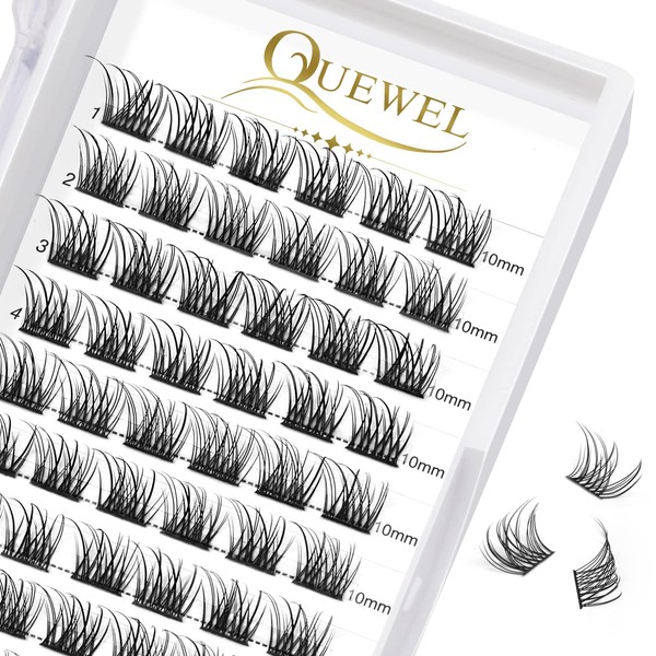 QUEWEL Individual Eyelashes, Individual Eyelash Clusters, Lashes, Natural, D Curl, 10 mm, Eyelash Segments, Wide Base, for Eye Make-Up, DIY Eyelash Extension, Natural-D-10 mm